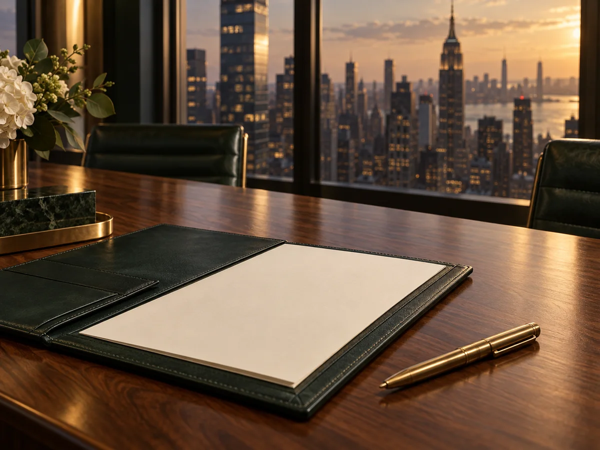 A document folio and pen overlooking a New York-inspired cityscape