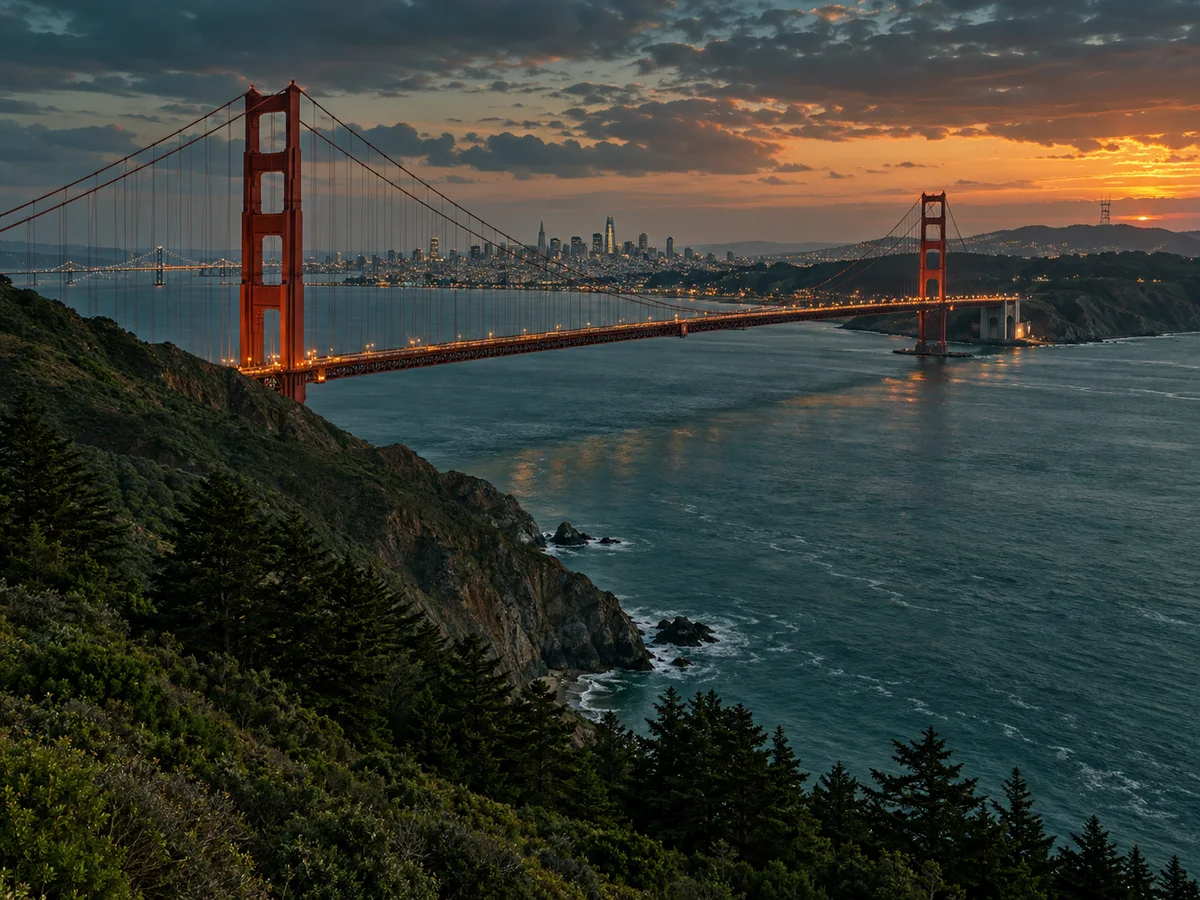 Illustration inspired by the Golden Gate Bridge and North American coastal infrastructure